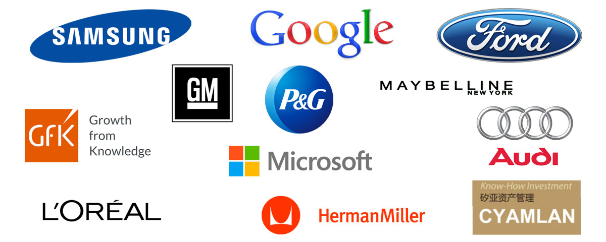 Brand logos for Samsung, Google, Ford, GFK, GM, P&G, Maybelline New York, Microsoft, Audi, Loreal, Herman Miller, and CYAMLAN